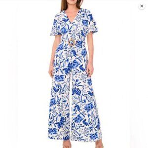 1.STATE Blue White Floral Wide Leg Jumpsuit Size Large